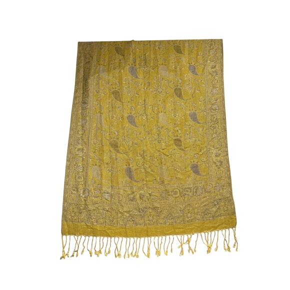 Pashmina Scarf Gold Gray Paisley w/ Fringe Washable NWT - Picture 5 of 8